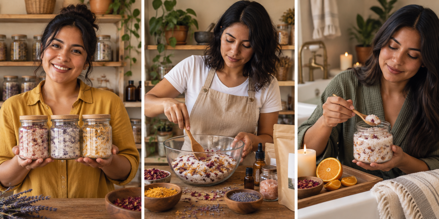 Tres mujeres mexicanas creando y disfrutando sales de baño terapéuticas artesanales