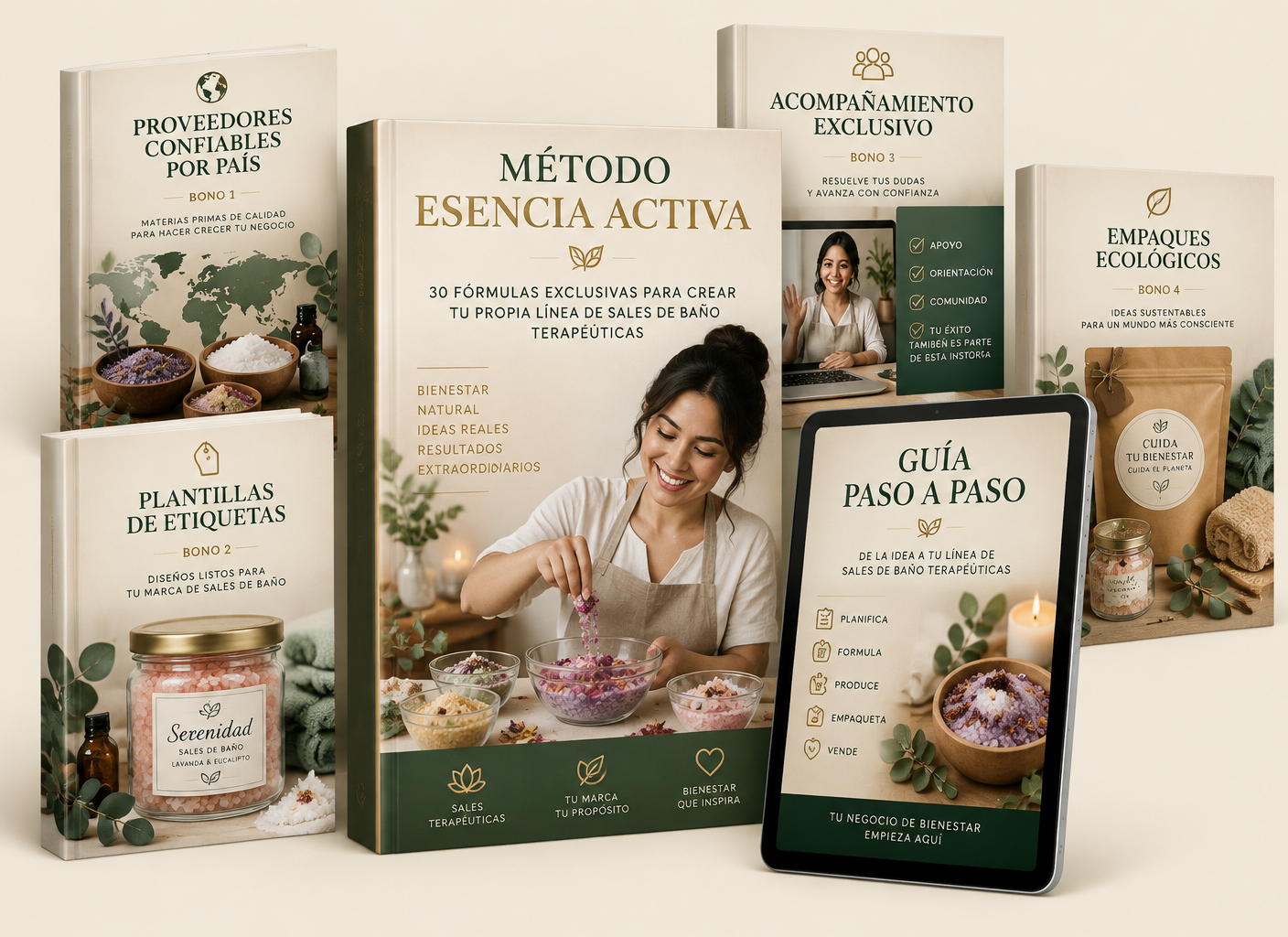 Mockup del kit completo Método Esencia Activa: ebook principal con 30 fórmulas de sales de baño terapéuticas y bonos en formato de libros digitales